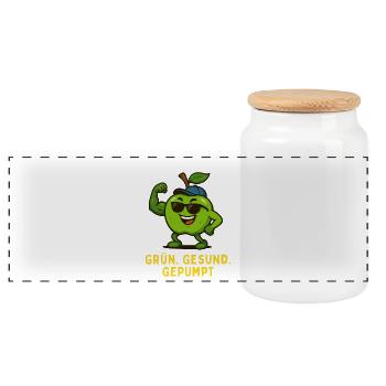 Green Apple - Bodybuilding Fitness Caricature - Panoramic Cookie Jar with Wooden Lid - white - Front
