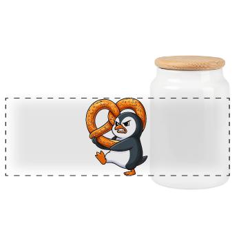 Grim Penguin with Pretzel Bavarian Funny Car - Panoramic Cookie Jar with Wooden Lid - white - Front