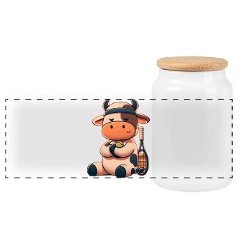 Cute tennis cow with racket and ball - Panoramic Cookie Jar with Wooden Lid - white - Front