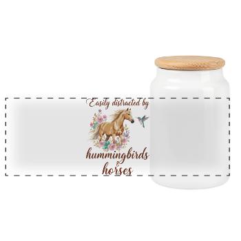 Hummingbirds and Horses Equestrian Riding Rider - Panoramic Cookie Jar with Wooden Lid - white - Front