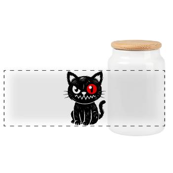 Schwarze Katze mit rotem Auge sitzend  - Panorama Keksdose mit Holzdeckel - Weiß - Vorne
