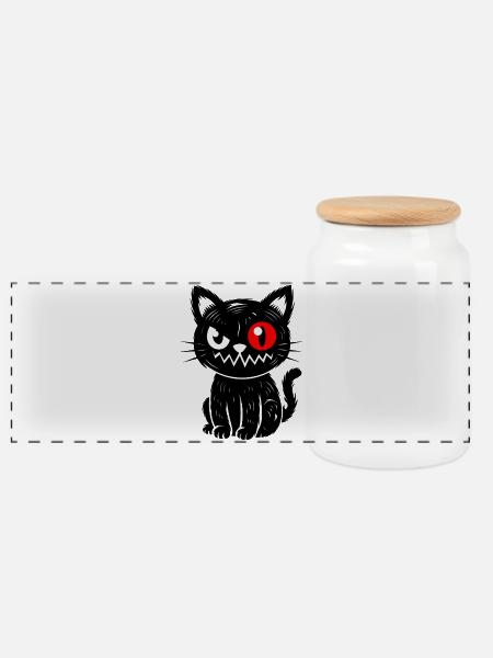 Schwarze Katze mit rotem Auge sitzend - Panorama Keksdose mit Holzdeckel - Weiß