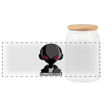 Hardstyle Alien – Music Design with Headphones - Panoramic Cookie Jar with Wooden Lid - white - Front