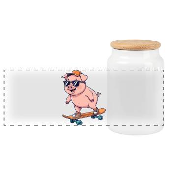 Funny Pig Skating on Skateboard Cartoon Skater - Panoramic Cookie Jar with Wooden Lid - white - Front