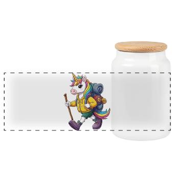 Cute Unicorn Hiking Camping Adventure Backpacker - Panoramic Cookie Jar with Wooden Lid - white - Front