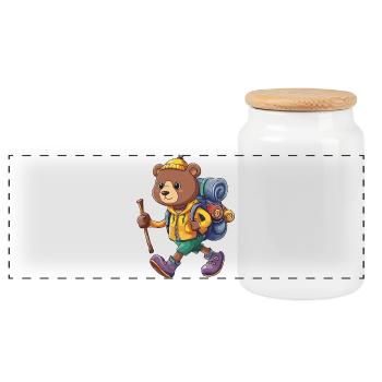 Cute Bear Hiking Camping Adventure Backpacker - Panoramic Cookie Jar with Wooden Lid - white - Front