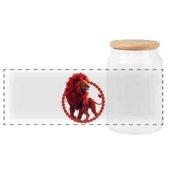 Red Cyber Lion in Ring - Panoramic Cookie Jar with Wooden Lid - white - Front