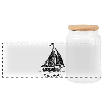 Voilier Rendsburg – Croquis dessiné à la main - Boîte à biscuits avec couvercle en bois - blanc - Devant