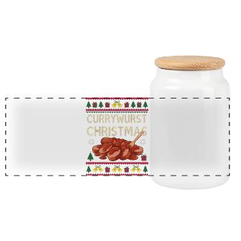 Merry Currymas Currywurst Christmas Xmas Sausage - Panoramic Cookie Jar with Wooden Lid - white - Front