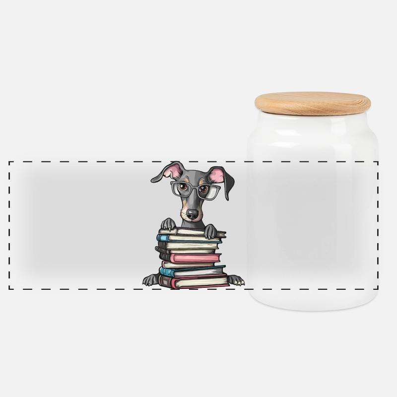 Süßes Windhund-Lesebuch mit Brille - Panorama Keksdose mit Holzdeckel - Weiß