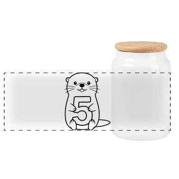 Otter Holding the Number 5 Cartoon Illustration - Panoramic Cookie Jar with Wooden Lid - white - Front