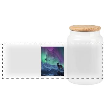 Northern Lights Wolf in the Mountains - Panoramic Cookie Jar with Wooden Lid - white - Front