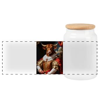 Majestic bull – king of the Baroque - Panoramic Cookie Jar with Wooden Lid - white - Front