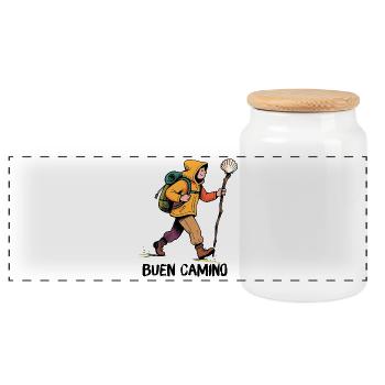 Pilgrim on the Camino de Santiago - Panoramic Cookie Jar with Wooden Lid - white - Front