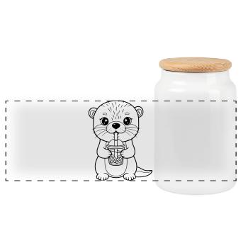 Otter mit Becher - Panorama Keksdose mit Holzdeckel - Weiß - Vorne