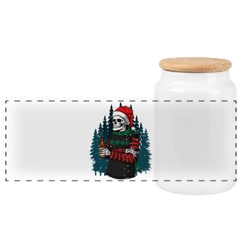 Skelett mit Santa-Hut trinkt Bier im Winterwald - Panorama Keksdose mit Holzdeckel - Weiß - Vorne
