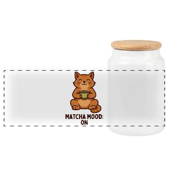 Matcha Mood Cat with Tea Mug - Panoramic Cookie Jar with Wooden Lid - white - Front