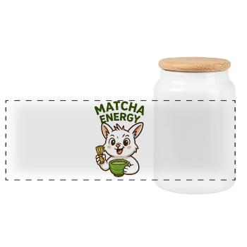 Matcha Energy Bunny Illustration - Panoramic Cookie Jar with Wooden Lid - white - Front