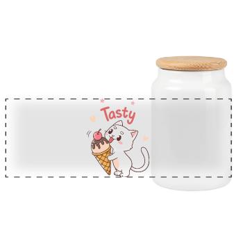 Chat gourmand Tasty Glace - Panoramic Cookie Jar with Wooden Lid - white - Front