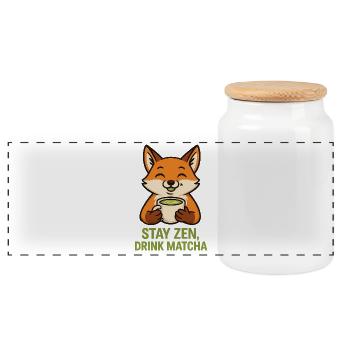 Zen-Fuchs trinkt Matcha - Panorama Keksdose mit Holzdeckel - Weiß - Vorne