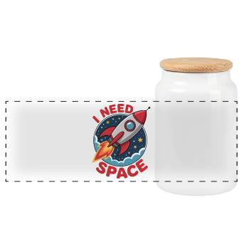Rocket in space cartoon style - 'I NEED SPACE - Panoramic Cookie Jar with Wooden Lid - white - Front