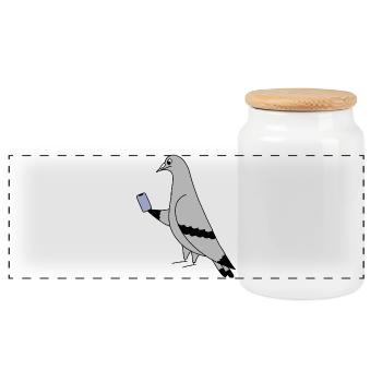Pigeon Checking Phone – Minimal Illustration - Panoramic Cookie Jar with Wooden Lid - white - Front