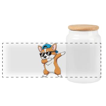 Cool Dabbing Corgi Sunglasses Cartoon Art - Panoramic Cookie Jar with Wooden Lid - white - Front