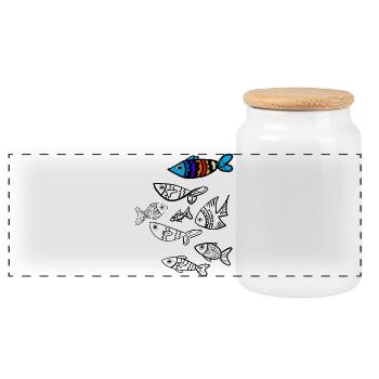 Colorful fish over fish - Panoramic Cookie Jar with Wooden Lid - white - Front