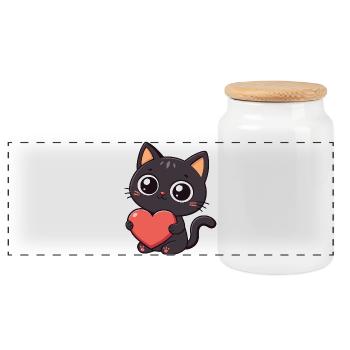 Kawaii black cat holding a red heart - Panoramic Cookie Jar with Wooden Lid - white - Front