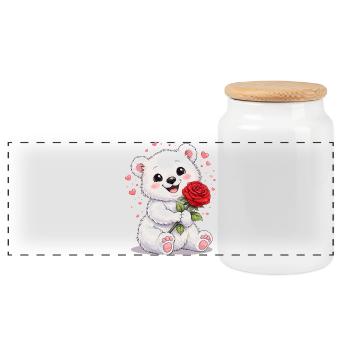 Cute Bear with Rose – Valentine's Day Motif - Panoramic Cookie Jar with Wooden Lid - white - Front
