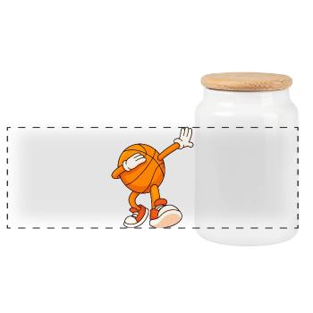 Basketball-Maskottchen Dunks - Panorama Keksdose mit Holzdeckel - Weiß - Vorne