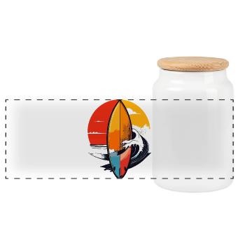 Motif surfeur de vagues rouges de coucher de soleil sur planche de surf - Boîte à biscuits avec couvercle en bois - blanc - Devant