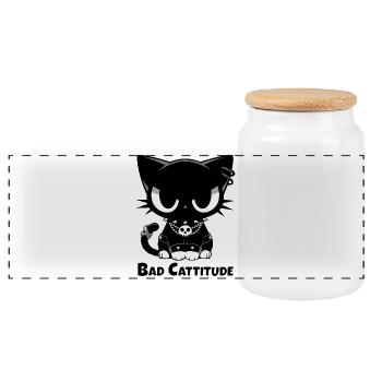 Bad Cattitude | Goth Katze mit Attitüde - Panorama Keksdose mit Holzdeckel - Weiß - Vorne