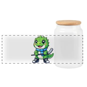 Dessin animé mignon de joueur de hockey sur glace T-Rex avec des dinosaures - Boîte à biscuits avec couvercle en bois - blanc - Devant