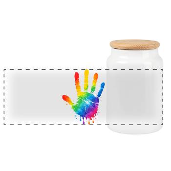 Bunter Handabdruck Aquarell Design  - Panorama Keksdose mit Holzdeckel - Weiß - Vorne