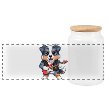 Rockender Hund mit Gitarre - Panorama Keksdose mit Holzdeckel - Weiß - Vorne