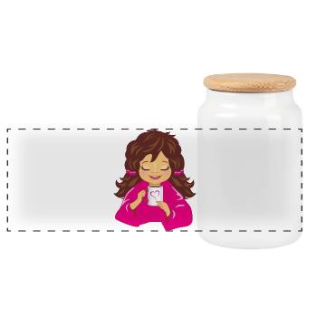 Smiling_girl_is_drinking_coffee - Panorama Keksdose mit Holzdeckel - Weiß - Vorne