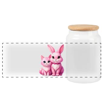 Pink rabbit and cat as plush toys - Panoramic Cookie Jar with Wooden Lid - white - Front