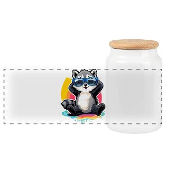 Relaxter Waschbär mit Sonnenbrille   - Panorama Keksdose mit Holzdeckel - Weiß - Vorne