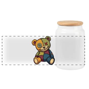 Patchwork Teddybär Unikat aus Flicken Knopfauge - Panorama Keksdose mit Holzdeckel - Weiß - Vorne