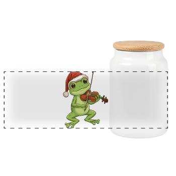 Christmas Frog Animal Playing Violin Art - Panoramic Cookie Jar with Wooden Lid - white - Front