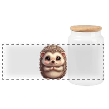 Cuddly Hedgehog Cartoon - Panoramic Cookie Jar with Wooden Lid - white - Front