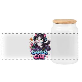 Gamer Cat - Kawaii Katze mit Headset & Tastatur - Panorama Keksdose mit Holzdeckel - Weiß - Vorne