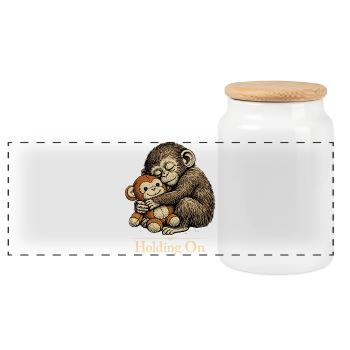Punch Macaque Holding On Emotional Monkey Plush - Panoramic Cookie Jar with Wooden Lid - white - Front