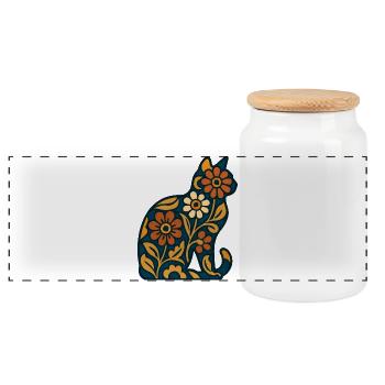 Floral cat silhouette in warmth - Panoramic Cookie Jar with Wooden Lid - white - Front