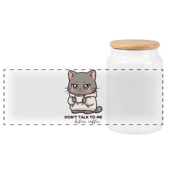 Don't talk to me before Coffee cat - Panoramic Cookie Jar with Wooden Lid - white - Front