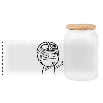 FU Meme with moped helmet (color changeable) - Panoramic Cookie Jar with Wooden Lid - white - Front