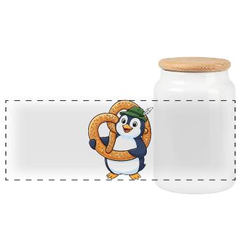 Cute Penguin with Pretzel Bavaria Cartoon - Panoramic Cookie Jar with Wooden Lid - white - Front
