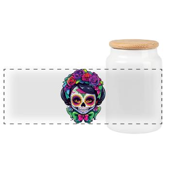 Sugar Skull Blumenkronen Art - Panorama Keksdose mit Holzdeckel - Weiß - Vorne