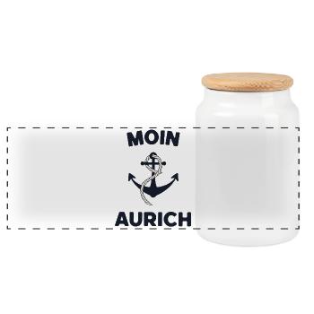 Moin Aurich – Maritimes Anker-Design - Panorama Keksdose mit Holzdeckel - Weiß - Vorne